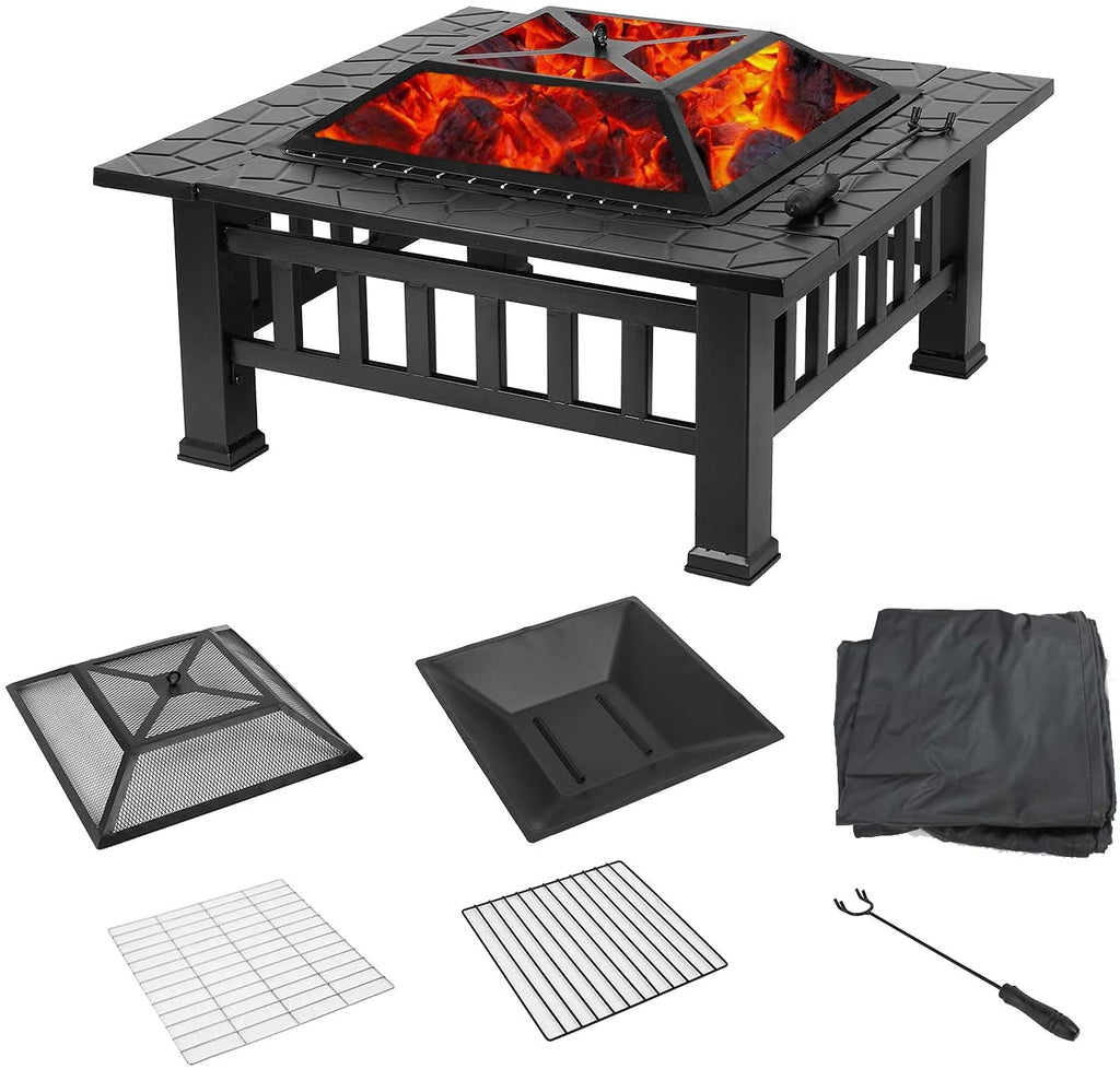 32'' Wood Burning Square Fire Pit with Grill Grate P504236