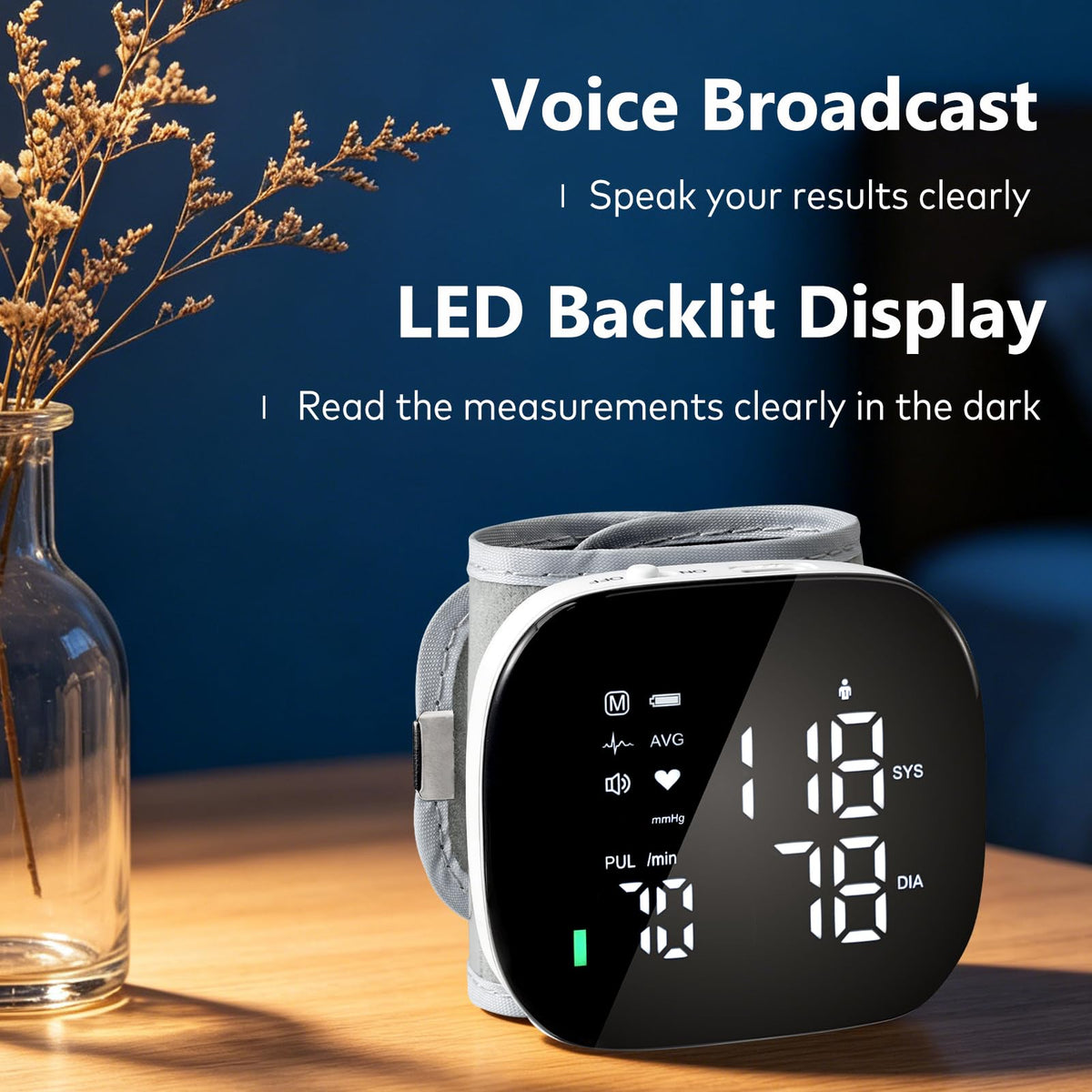 Wrist Blood Pressure Monitor Rechargeable Digital Voice Broadcast LED Backlit 199 Memory Storage for 2 Users with Carrying Case Z168