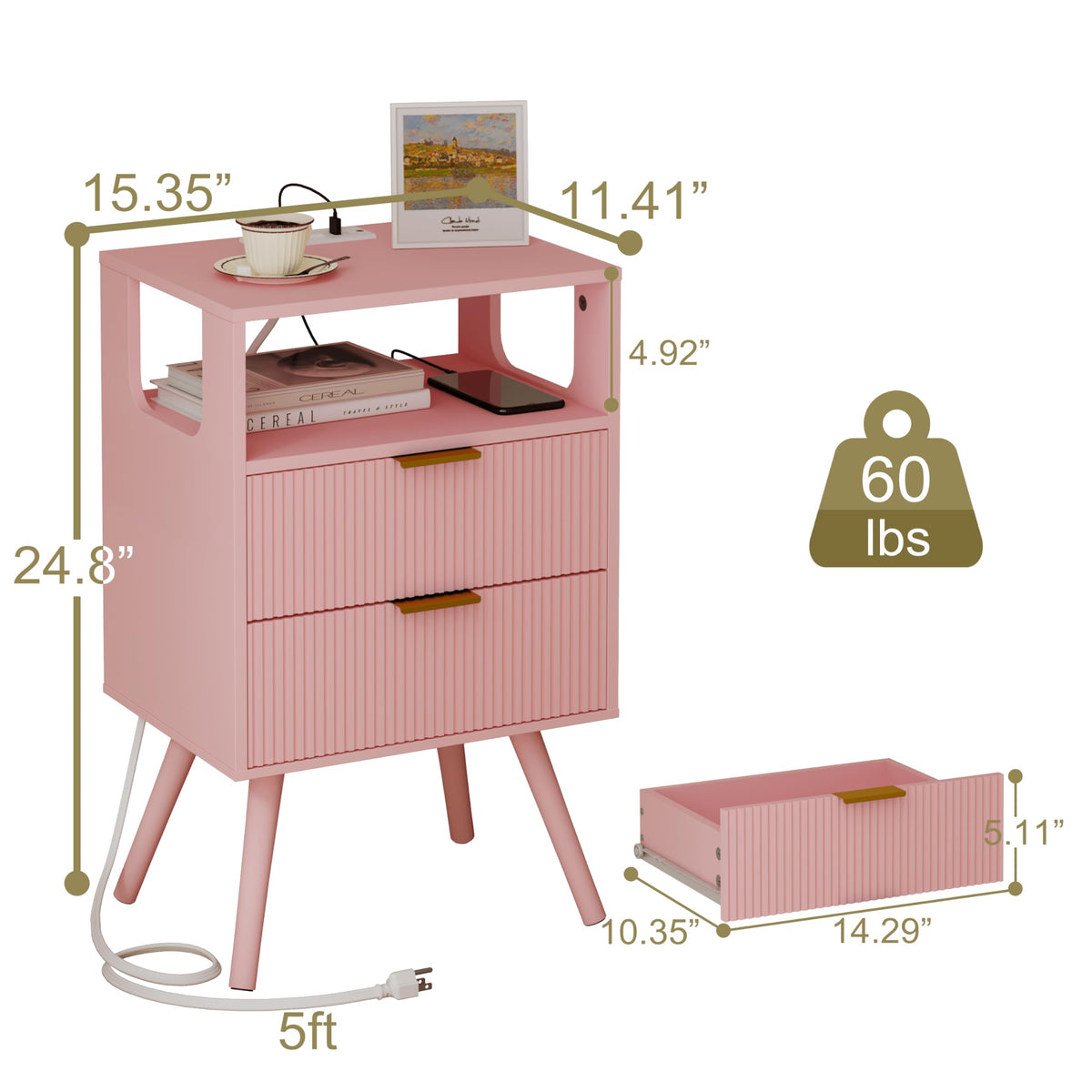 Pink Nightstand with Charging Station and LED Lights Y927