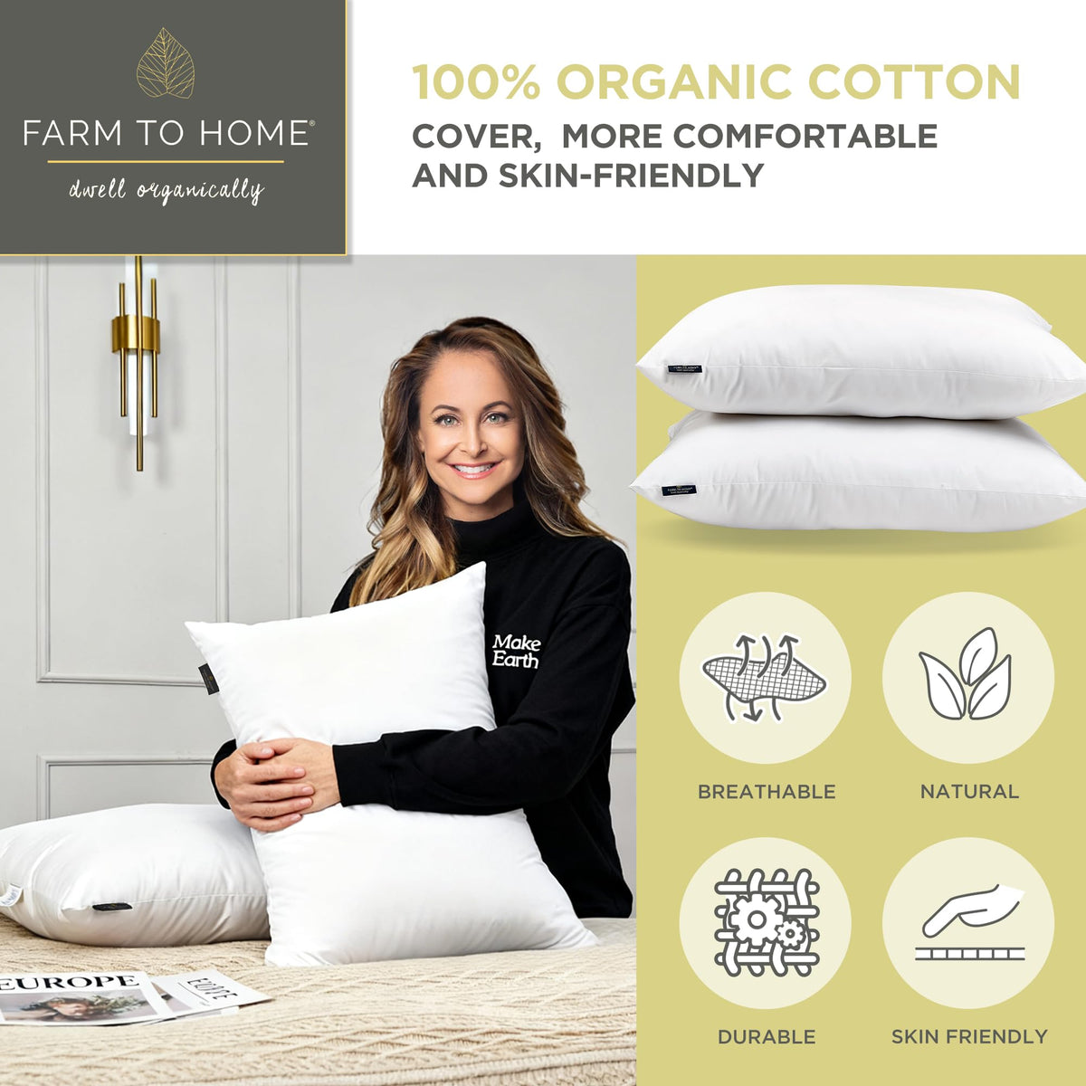 Feather and Down Pillows, 100% Organic Cotton Cover F7397