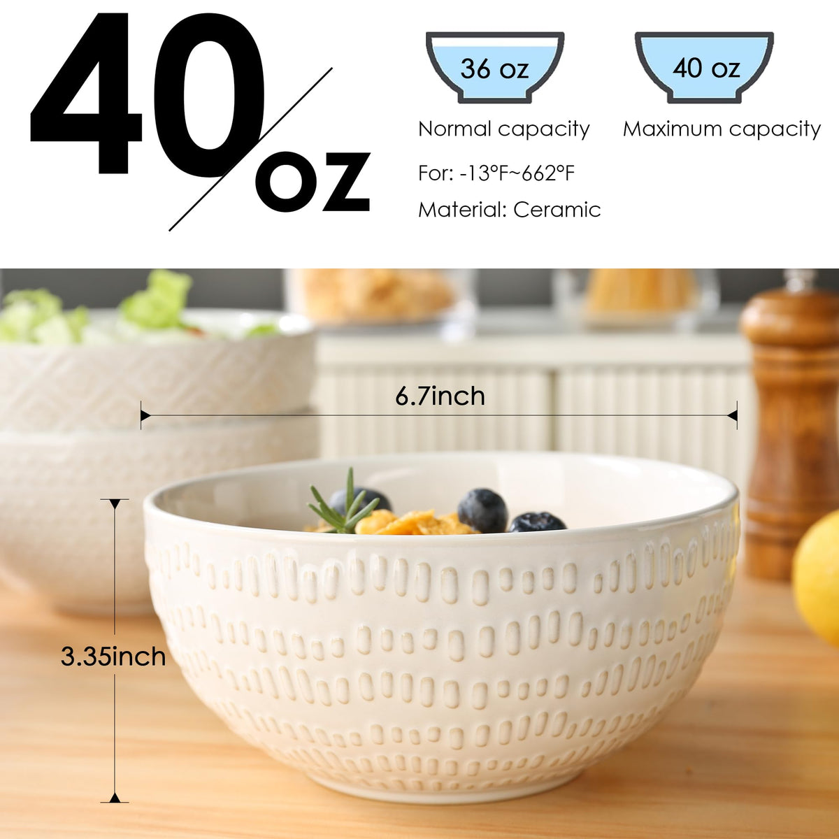 40 OZ Ceramic Bowls Set of 4, 6.7 Inch White S73943