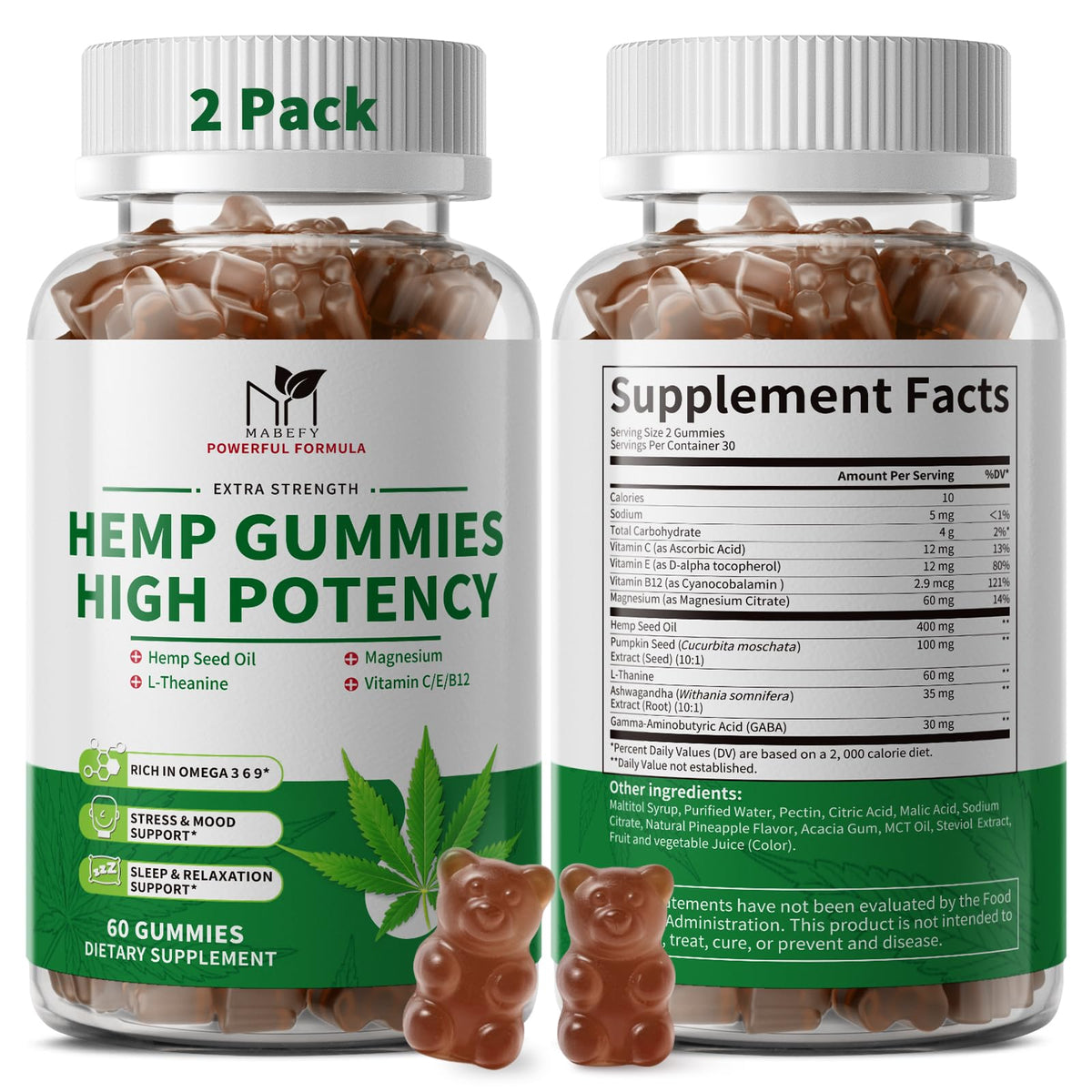 2 Pack Hemp Gummies with Magnesium, Vitamins, Pumpkin Seed, Ashwagandha, GABA, L-Theanine, Pineapple Flavor, 120 Bears, Vegan X285