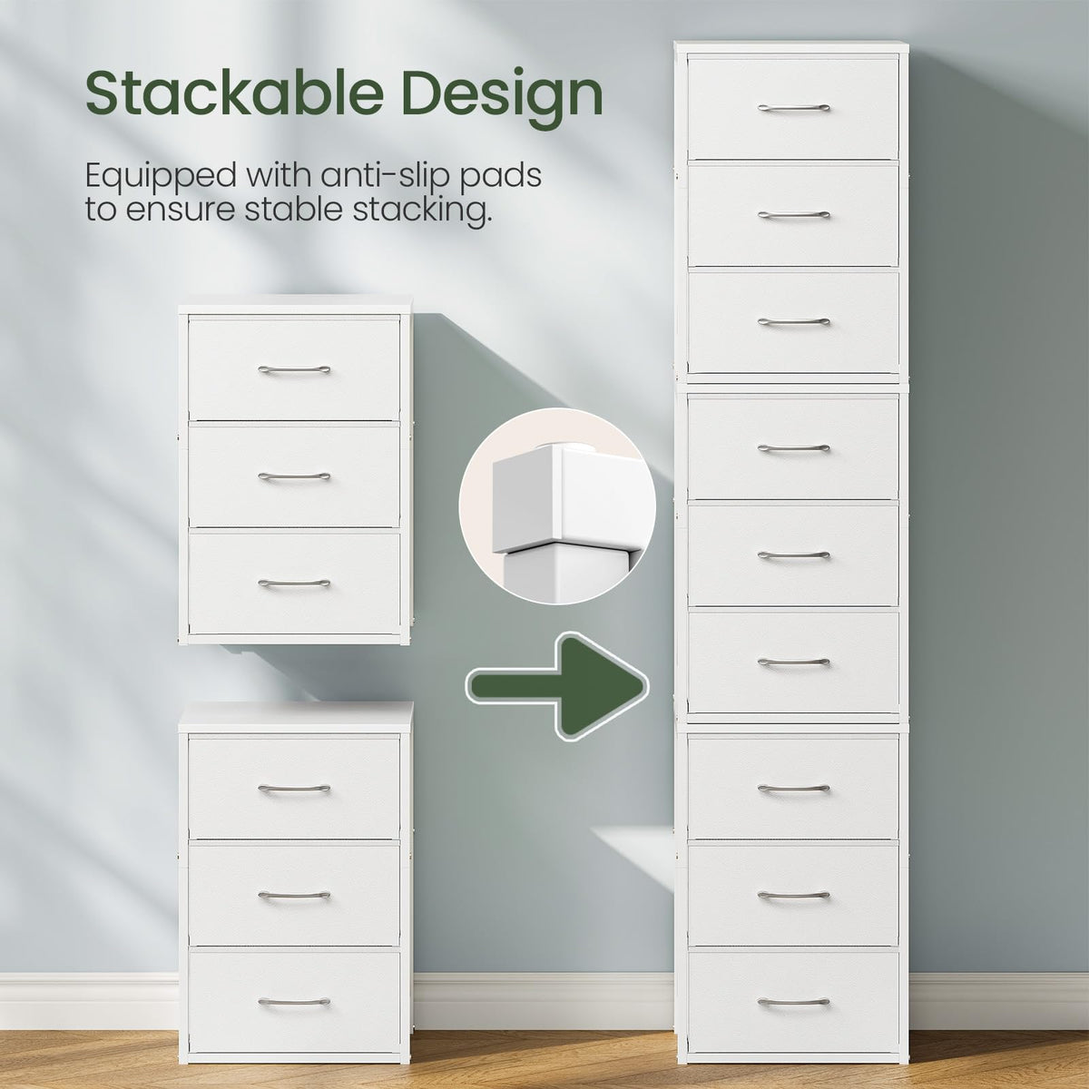 White 3 Drawer Fabric Storage Dresser with Wooden Top O21679