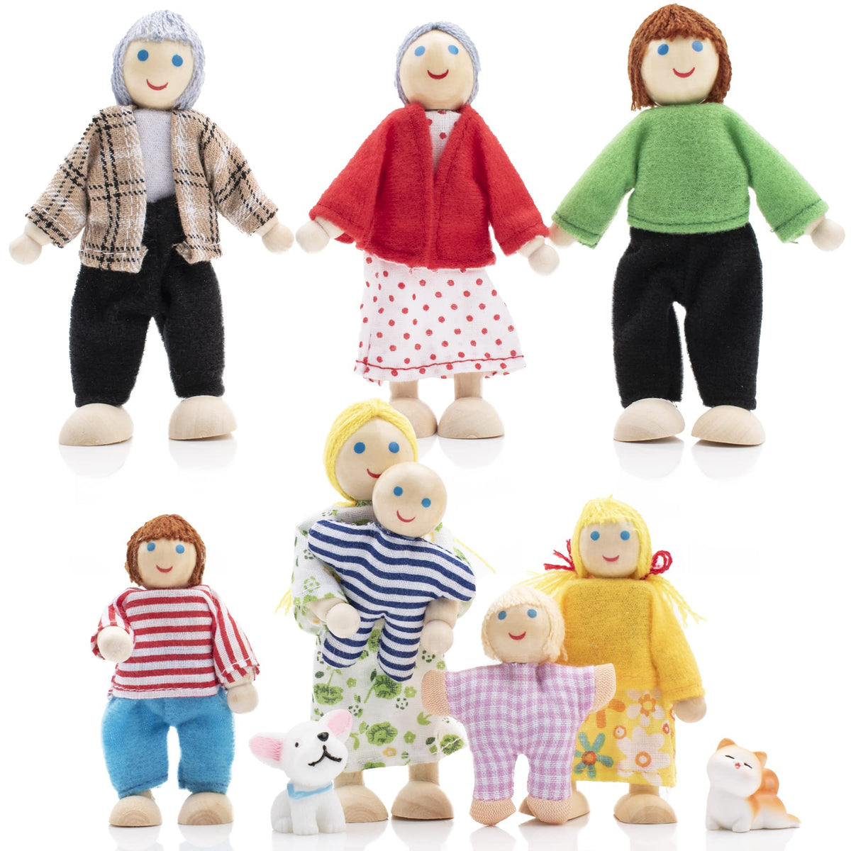 Wooden Dollhouse Dolls Family Set of 8 Miniature Figures and 2 Pets Q125192