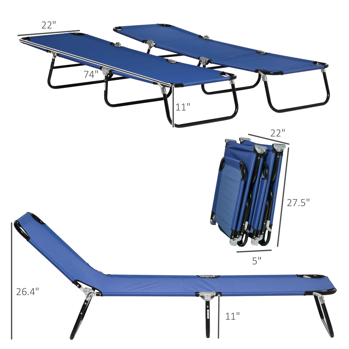 Blue 2 Pieces Folding Chaise Lounge Chair with 5-Level Back M3305