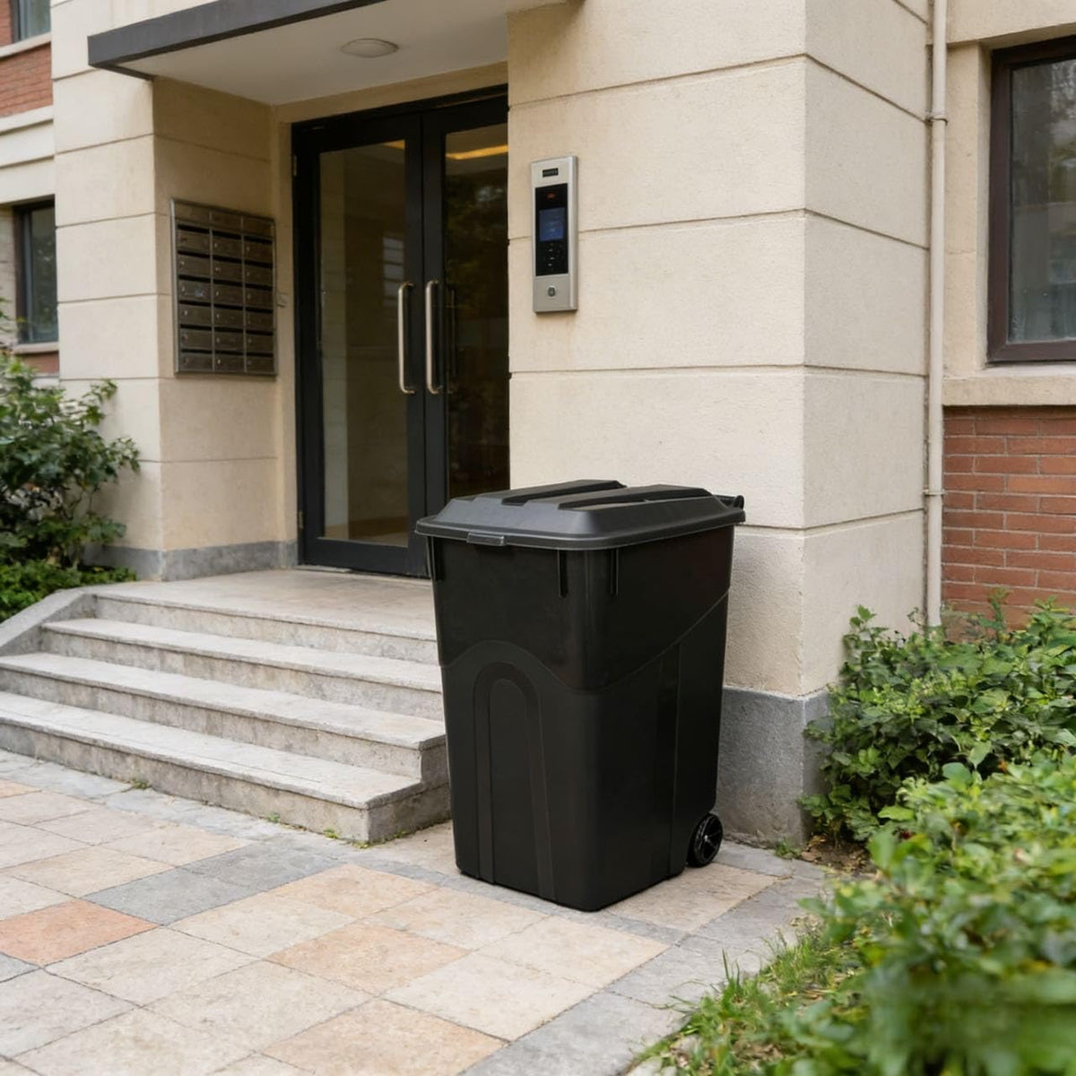 45 Gallon Black Wheeled Garbage Can with Attached Lid M80023