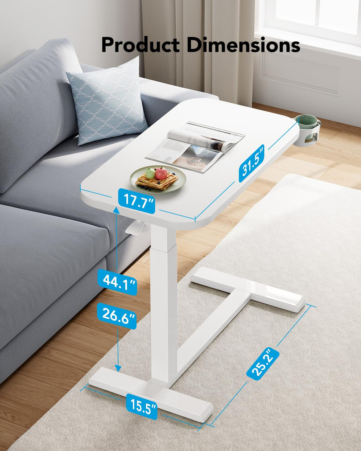 White Height-Adjustable Bedside Table with Wheels R21487