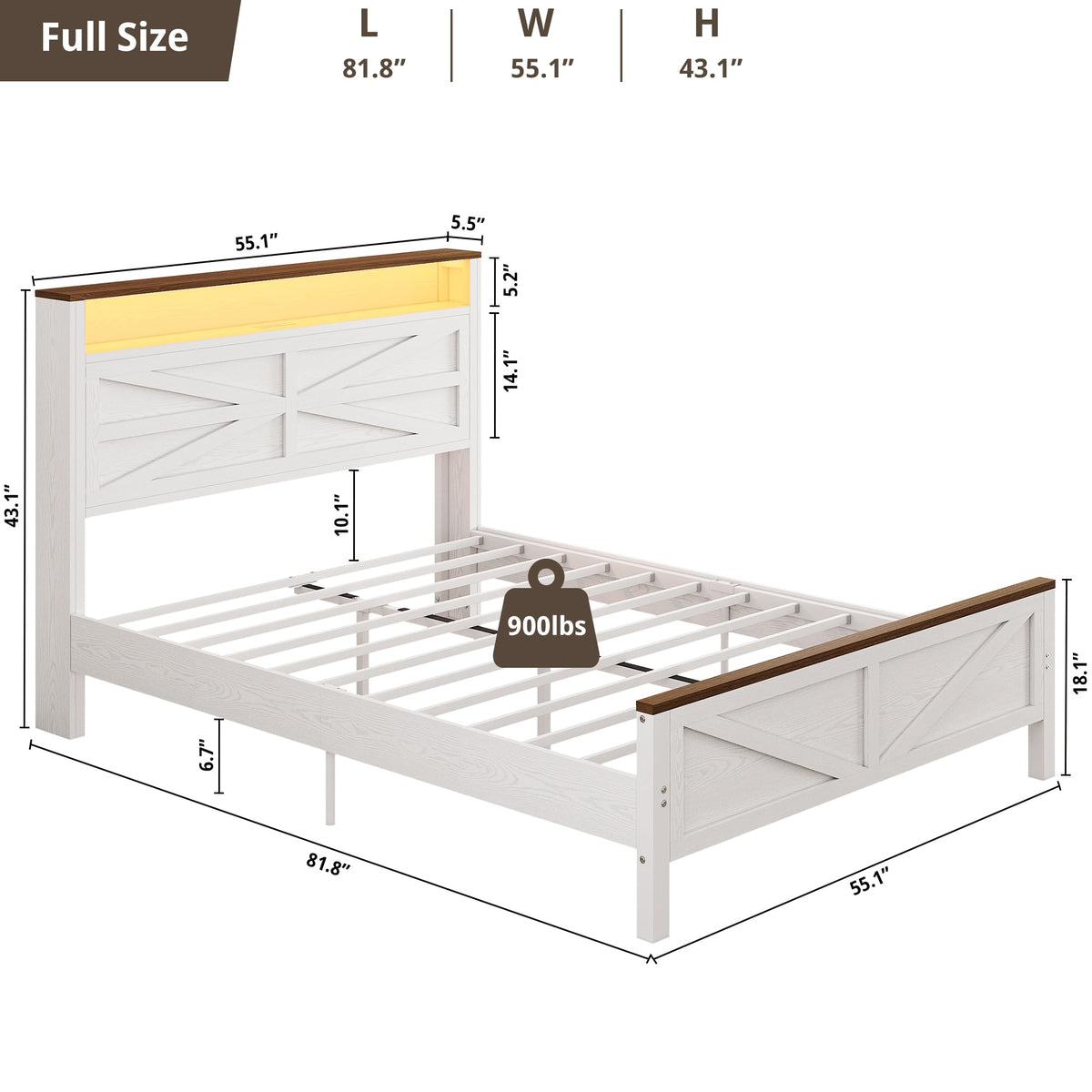 White Full Bed Frame with LED Lights & Charging Station T4823