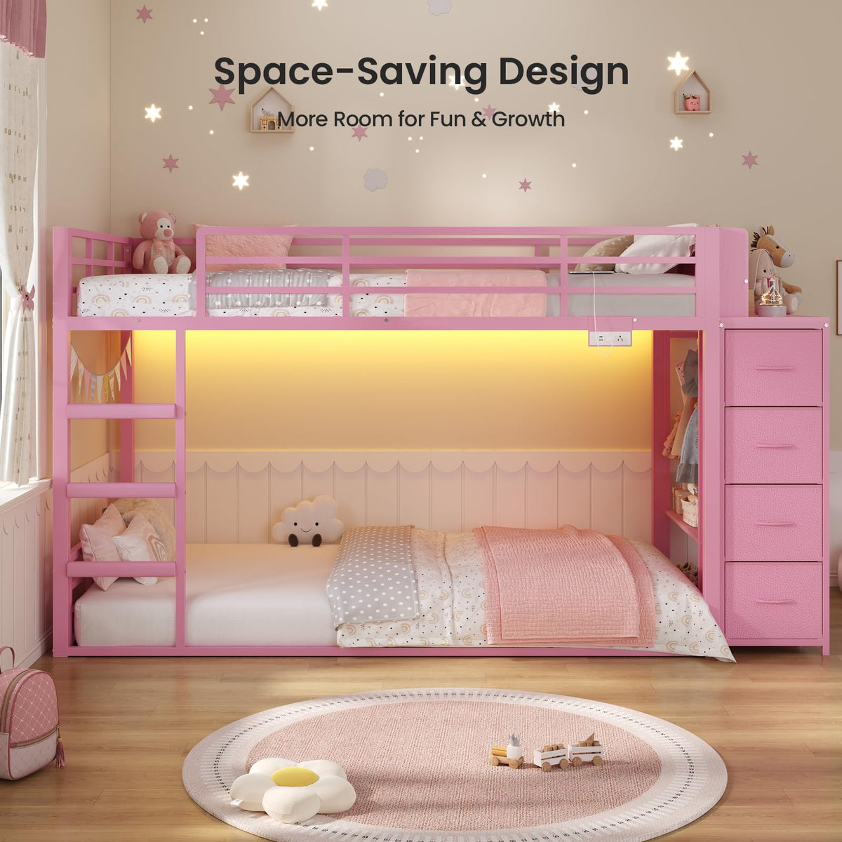 Pink Twin Over Twin Bunk Bed with Bookshelf & Storage Drawer R8645