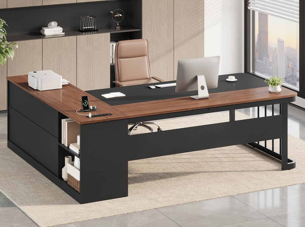 71" L Shaped Computer Desk with Drawers and Power Outlets B67113