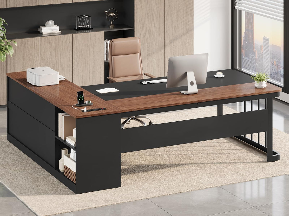 71" L Shaped Computer Desk with Drawers and Power Outlets B67113