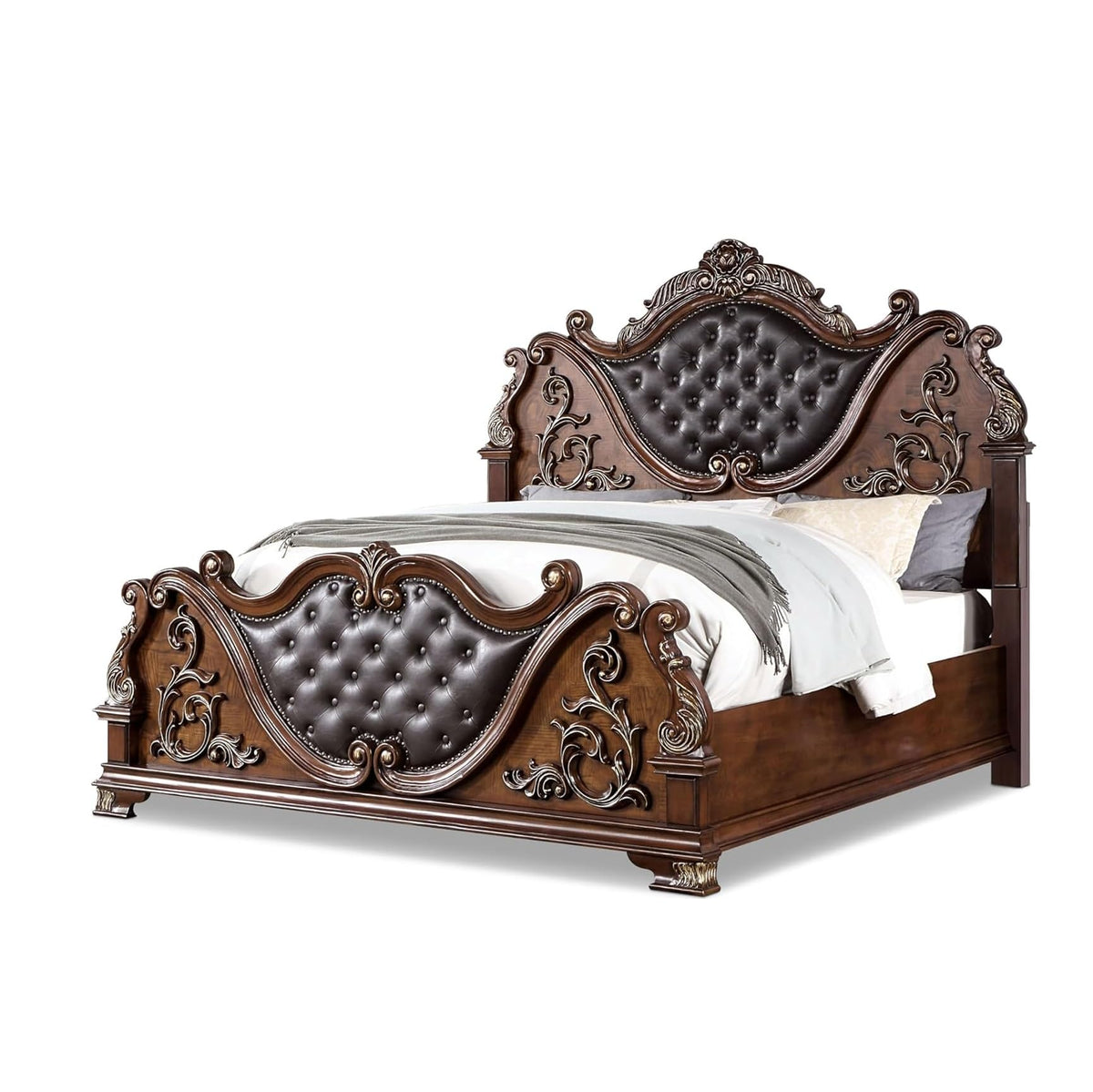 Brown Cherry California King Size Tufted Leatherette Bed T982132