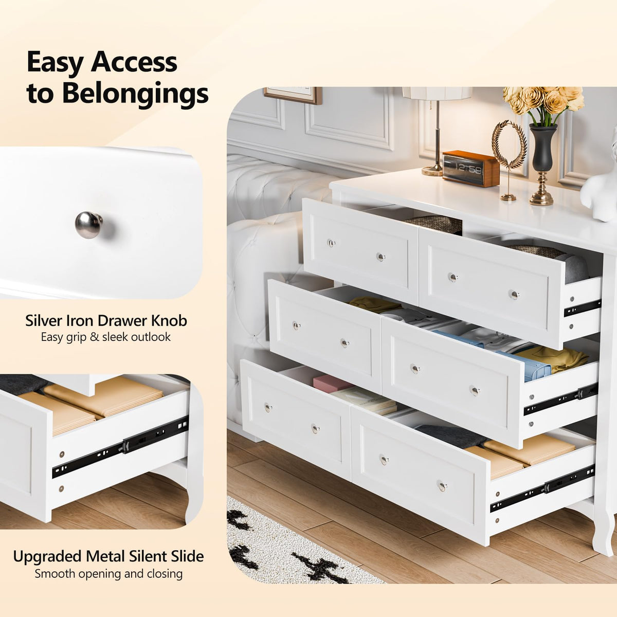 White 6 Drawer Wood Dresser with Curved Legs K2405