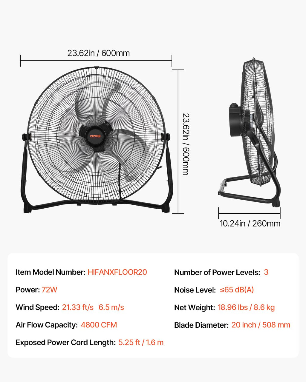 20 Inch 3 Speeds High Velocity Industrial Floor Fan J30964
