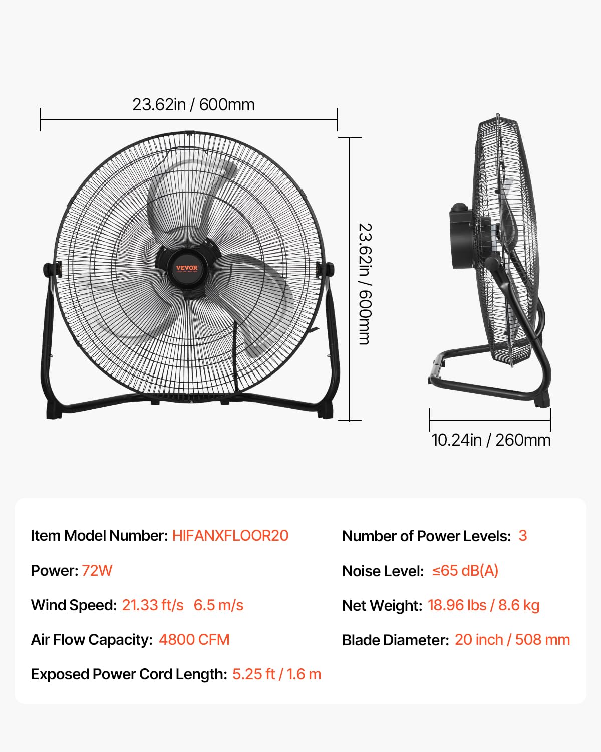 20 Inch 3 Speeds High Velocity Industrial Floor Fan J30964