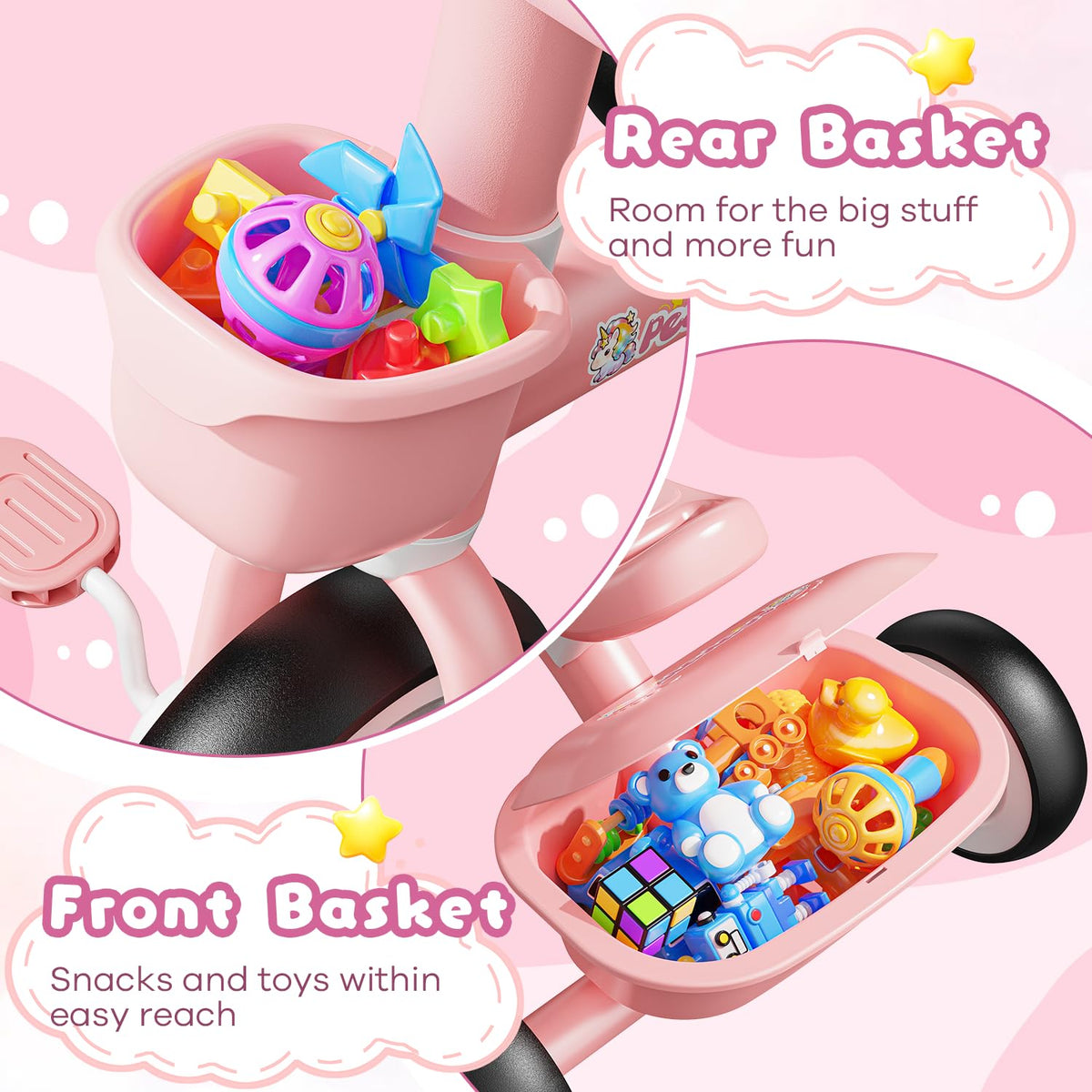 Pink Toddler Tricycle with Adjustable Seat and 2 Basket C97016