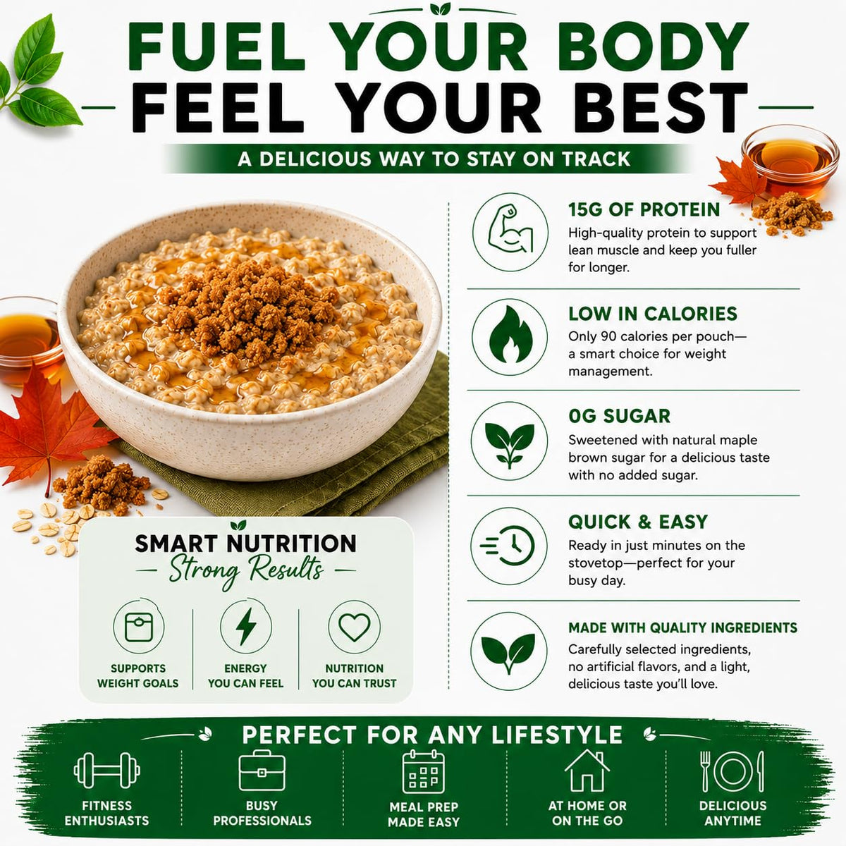 High Protein Instant Oatmeal Mix, 15g Protein, 7 Servings, Maple Brown Sugar I5853