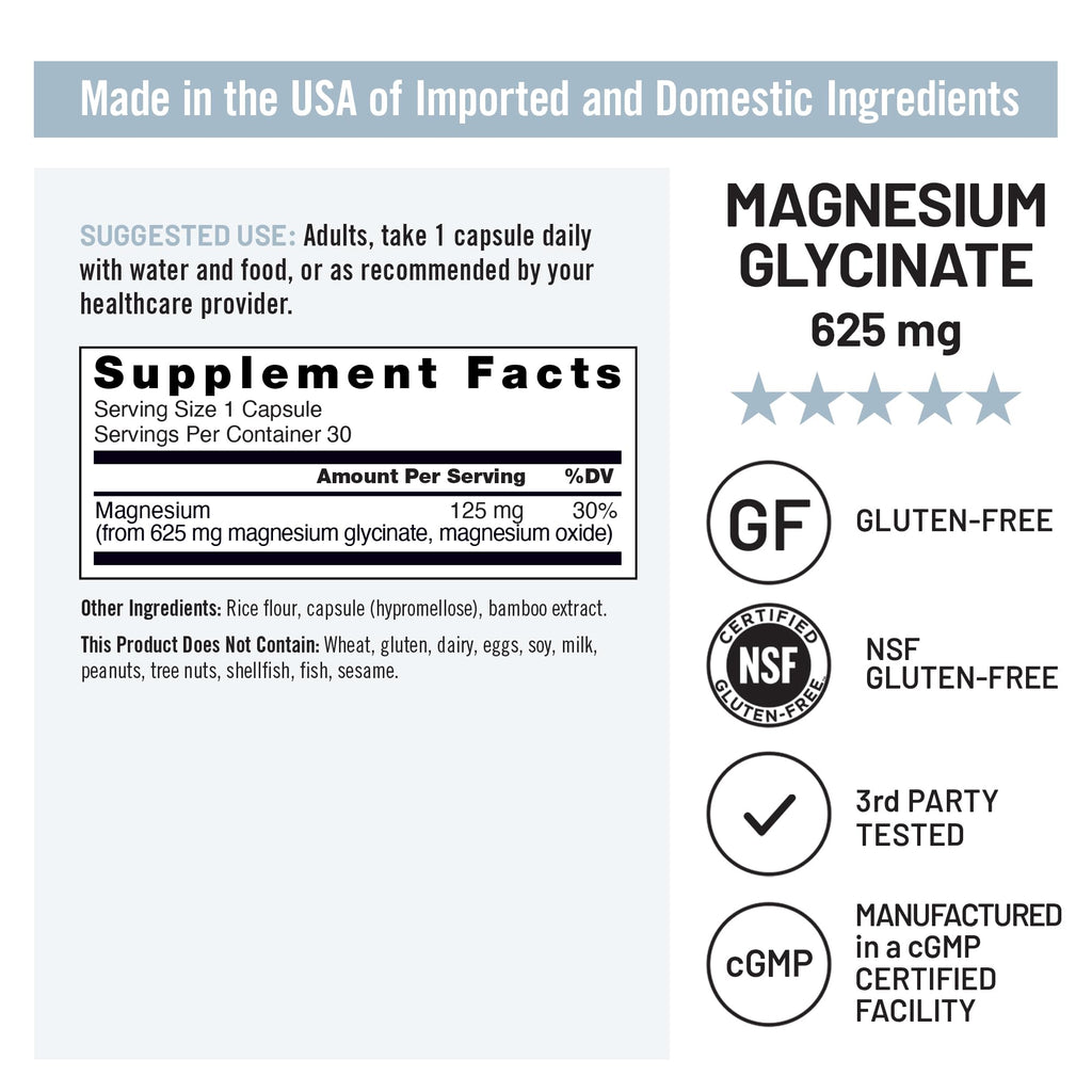 Magnesium Glycinate 625 mg Vegan 30 Capsules A145190