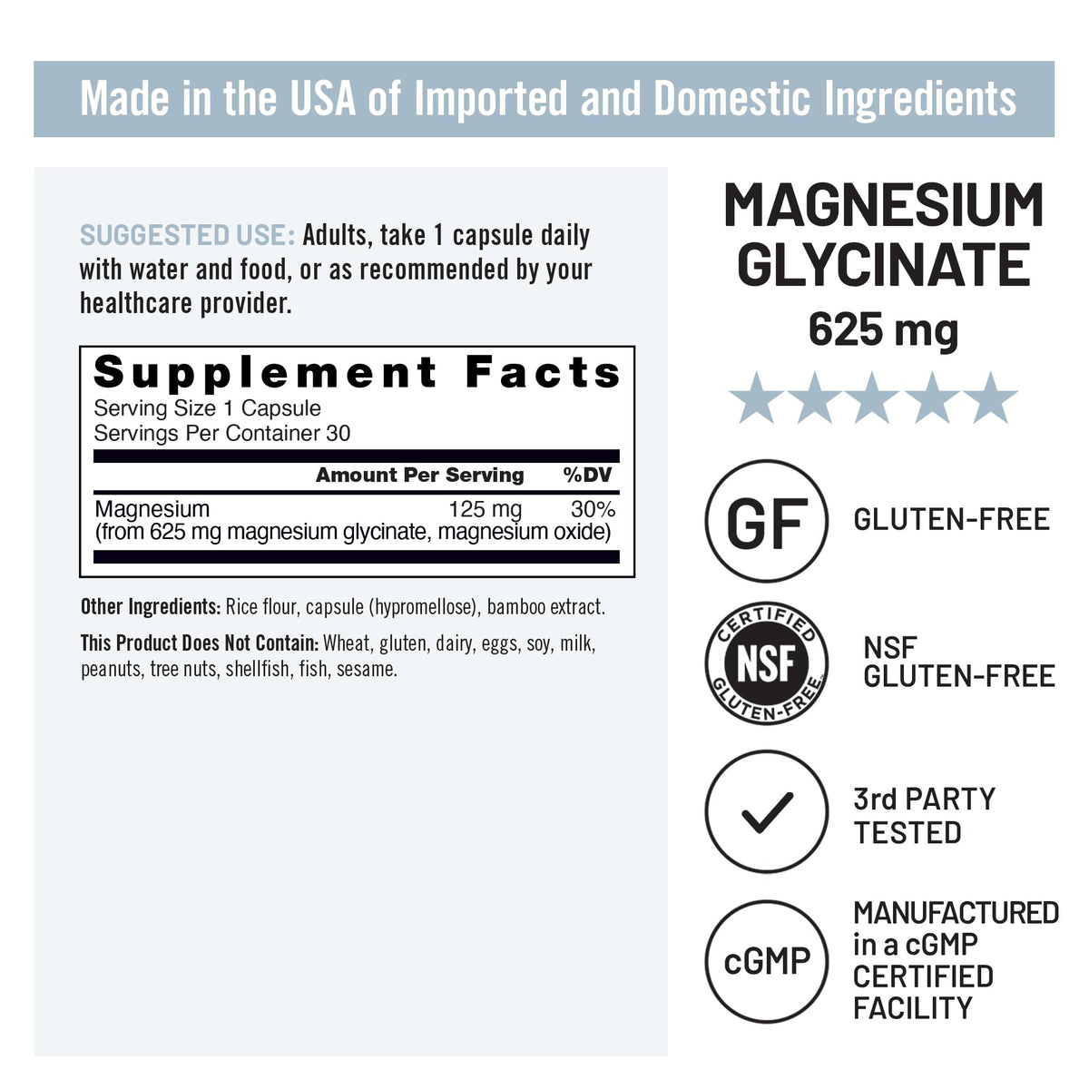 Magnesium Glycinate 625 mg Vegan 30 Capsules A145190