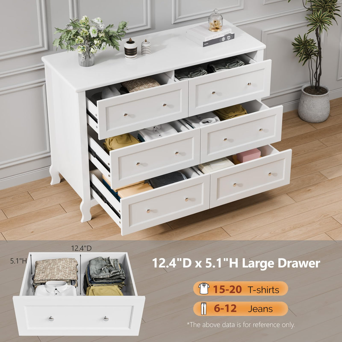 White 6 Drawer Wood Dresser with Curved Legs K2405
