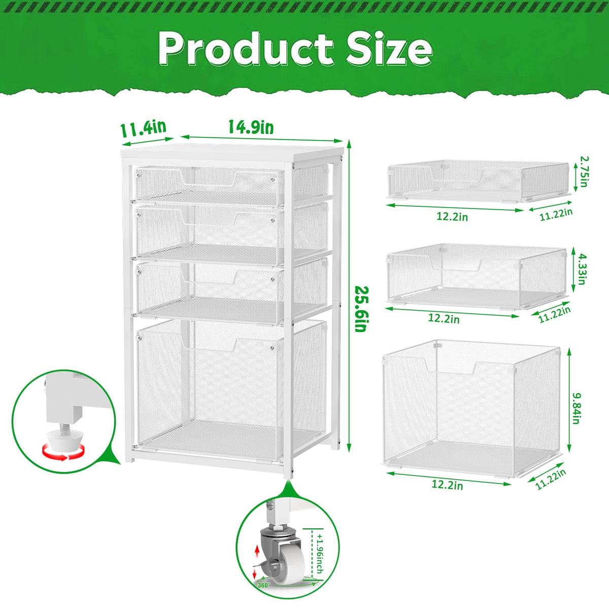 4 Drawer Rolling File Cart with Wheels, White T397