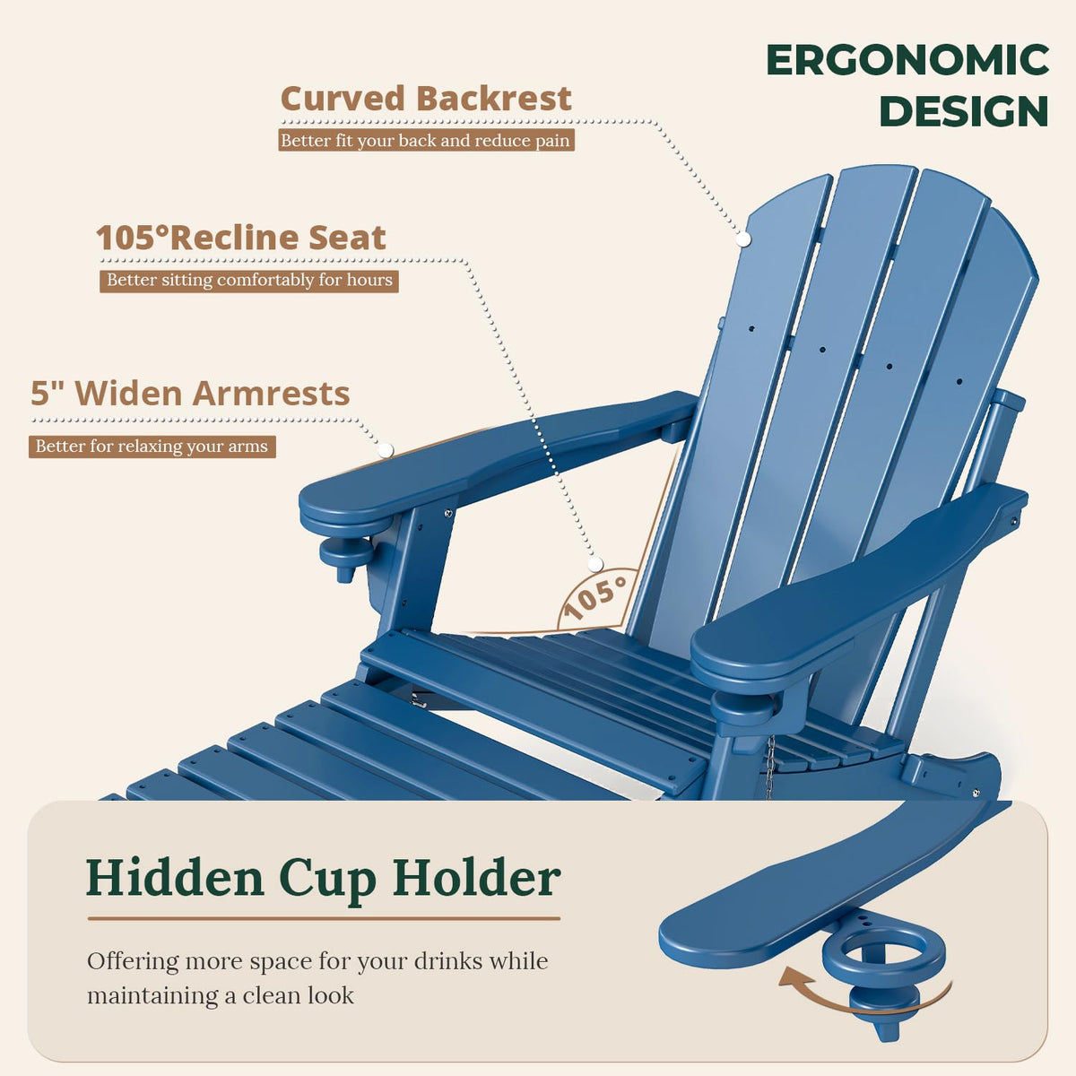 Set of 2 Blue Folding HDPE Plastic Adirondack Chairs with Pull-Out Footrest K125854