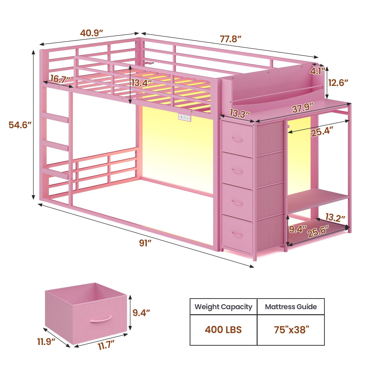 Pink Twin Over Twin Bunk Bed with Bookshelf & Storage Drawer R8645