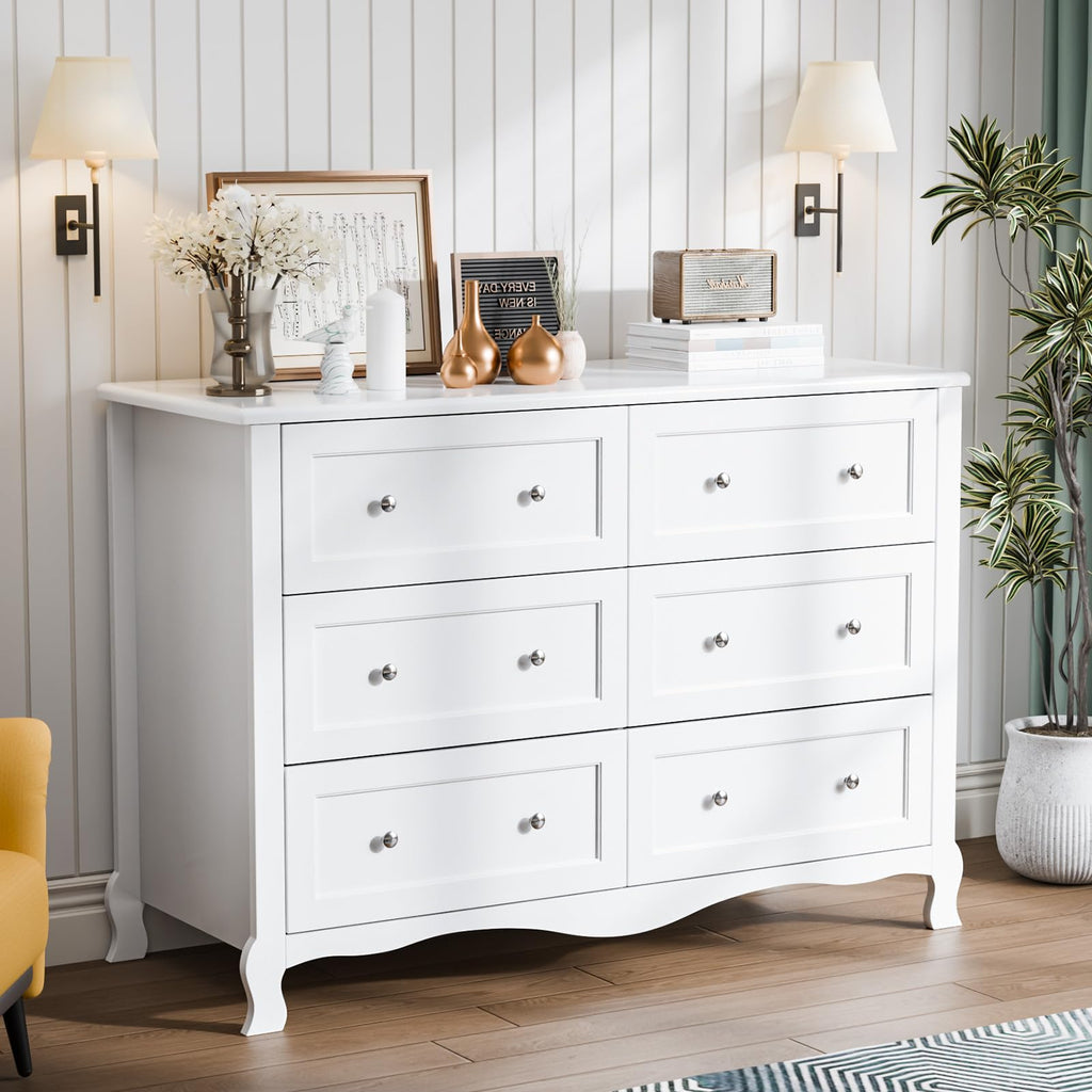 White 6 Drawer Wood Dresser with Curved Legs K2405