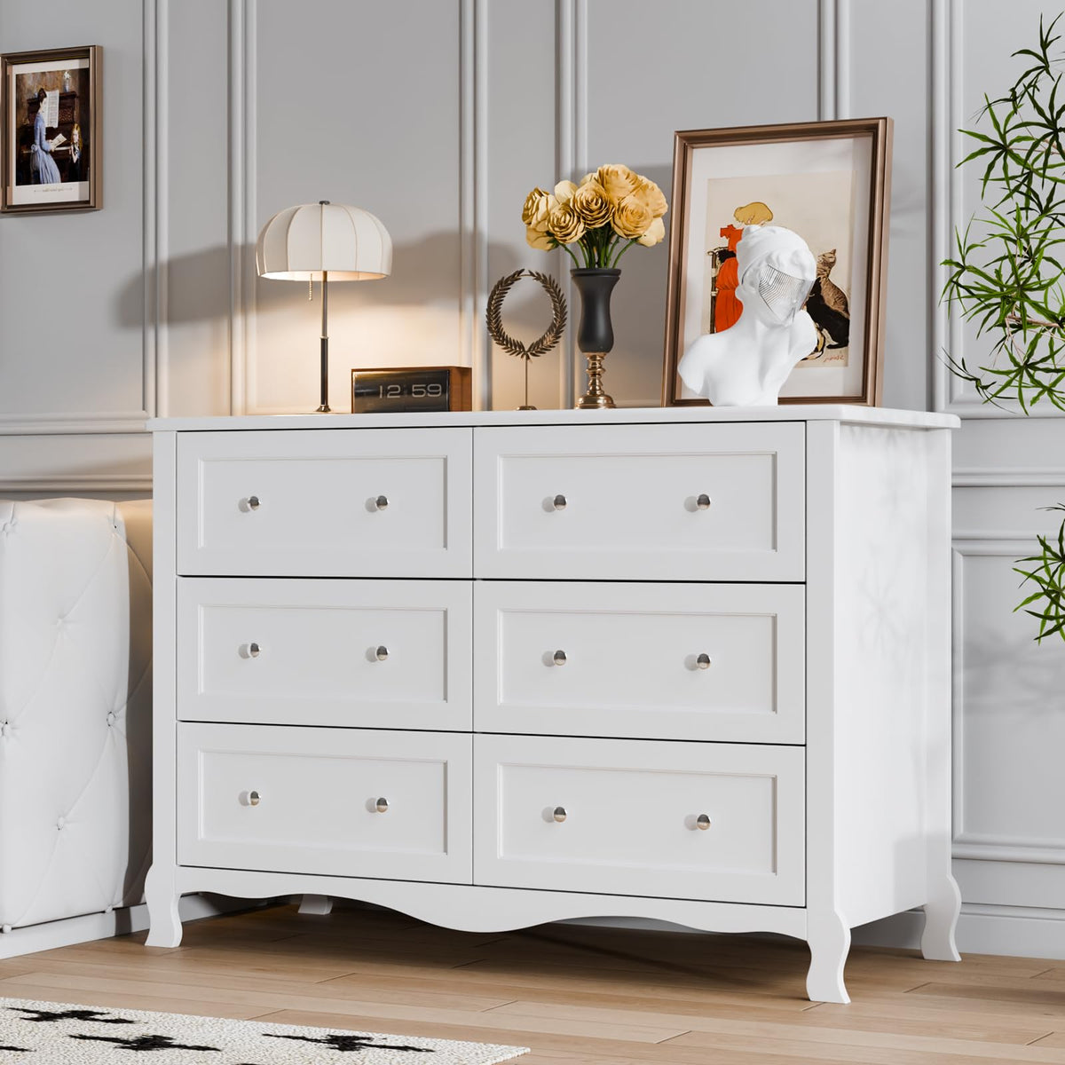 White 6 Drawer Wood Dresser with Curved Legs K2405