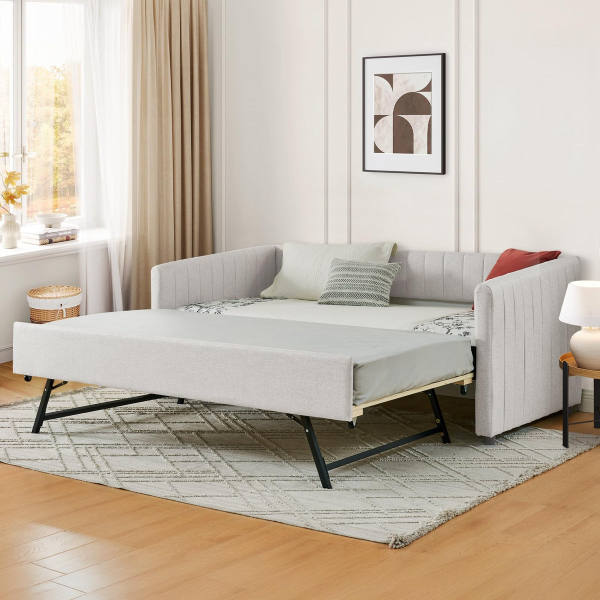 Beige Linen Twin Size Daybed with Pop Up Trundle N61638