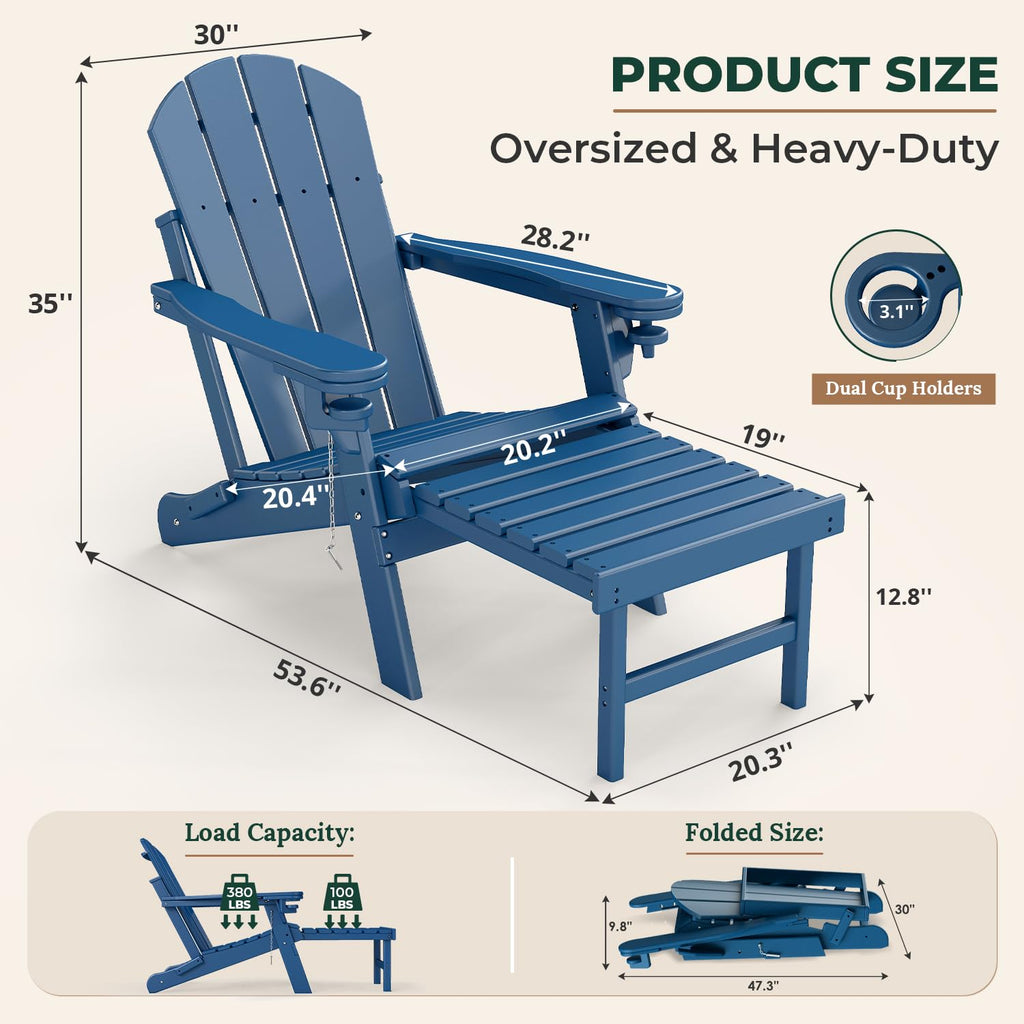 Set of 2 Blue Folding HDPE Plastic Adirondack Chairs with Pull-Out Footrest K125854