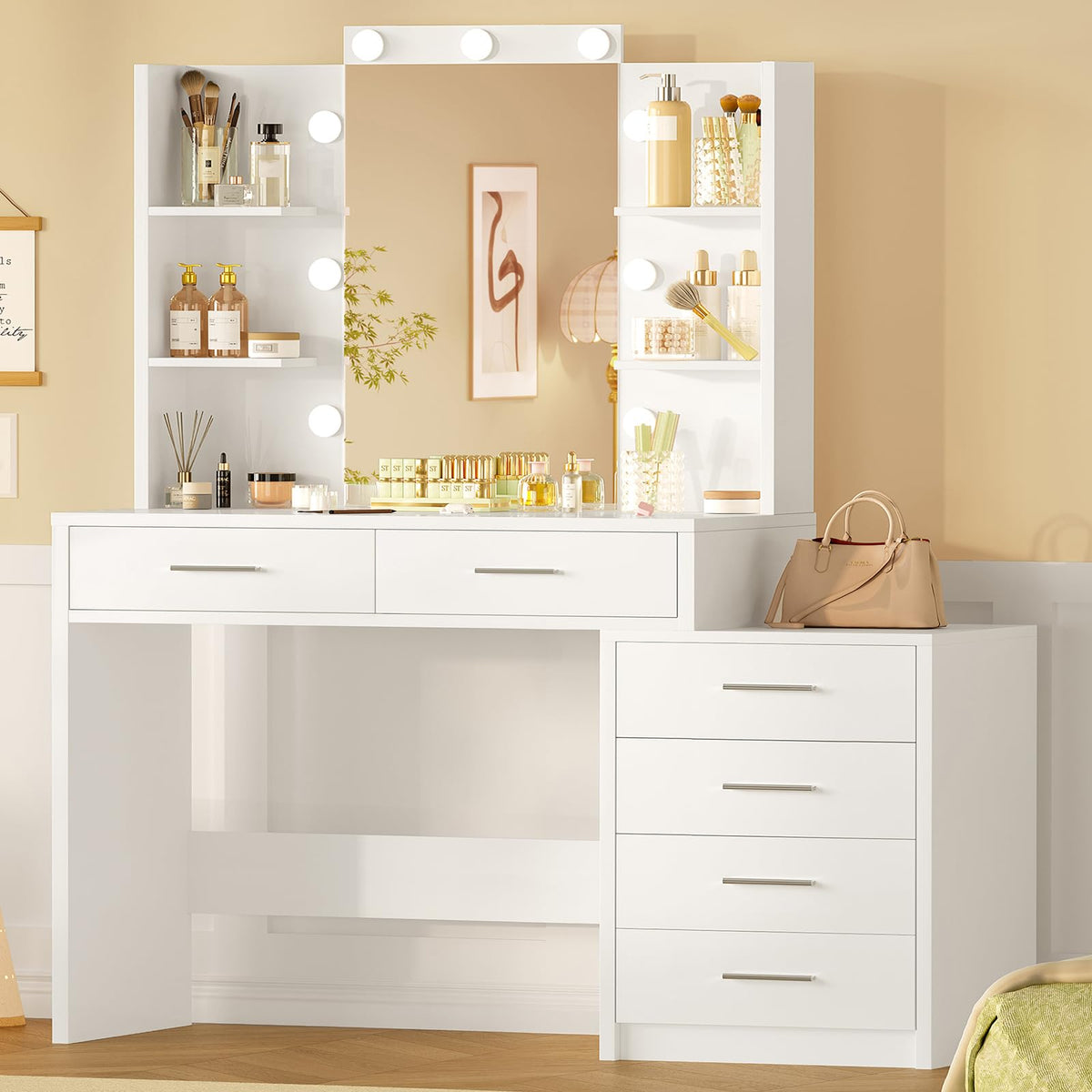 41.3" White Vanity Desk with Mirror and 9 LED Lights T62465