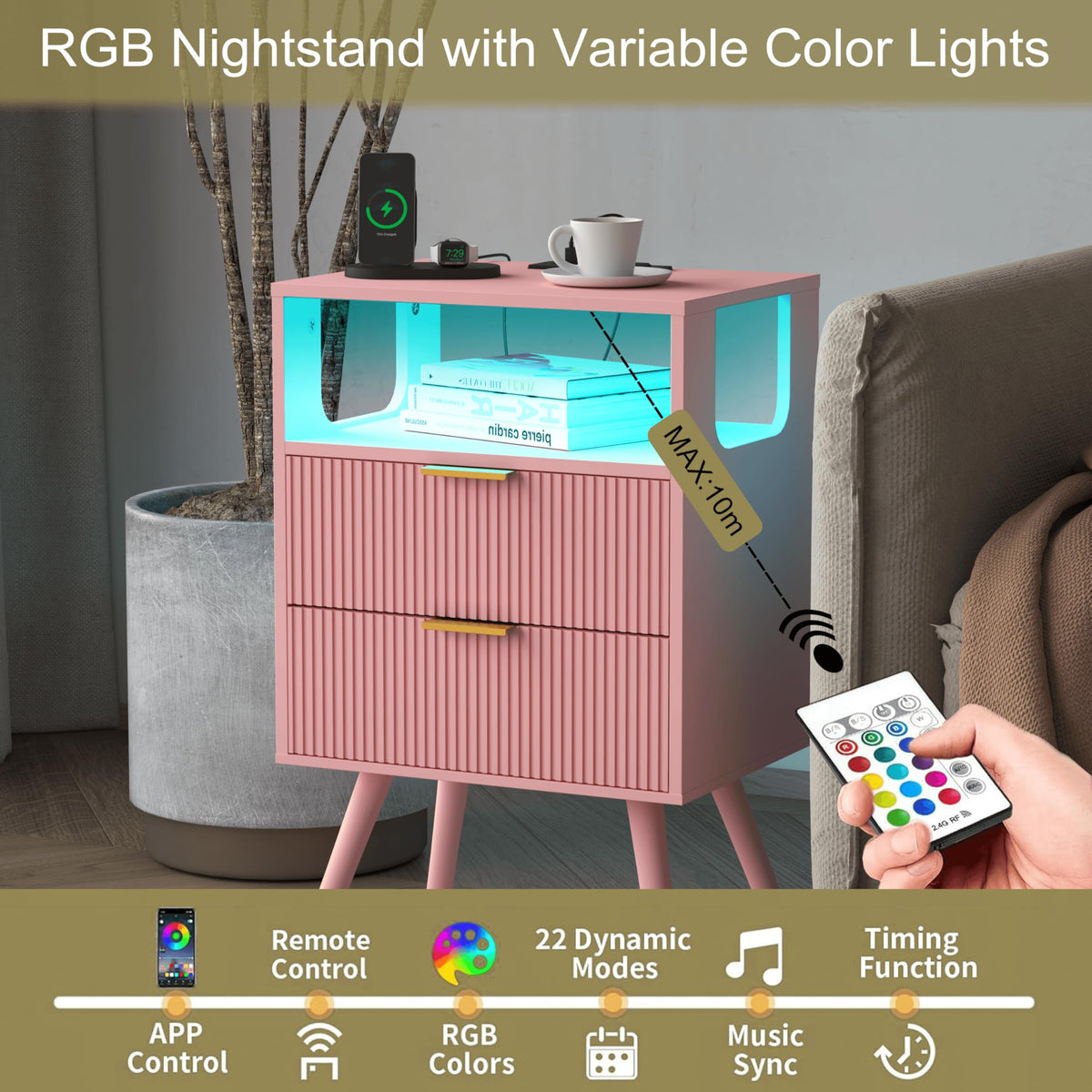 Pink Nightstand with Charging Station and LED Lights Y927