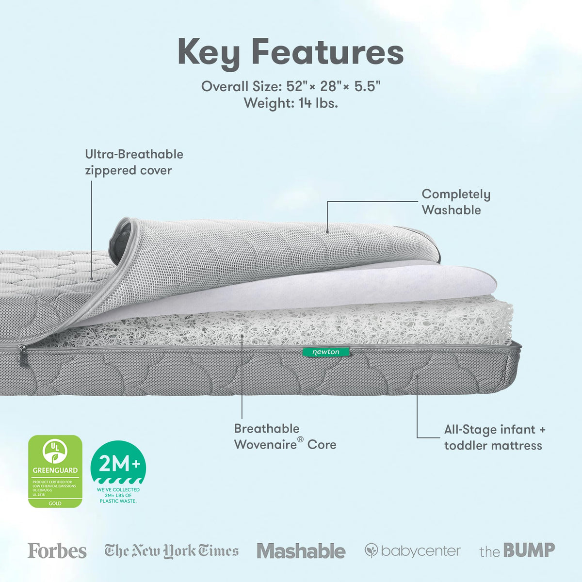 Grey Breathable Washable Crib Mattress & Toddler Bed L687