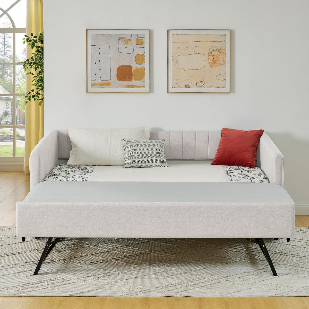 Beige Linen Twin Size Daybed with Pop Up Trundle N61638