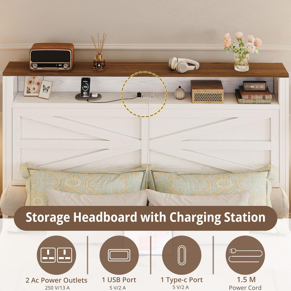 White Full Bed Frame with LED Lights & Charging Station T4823