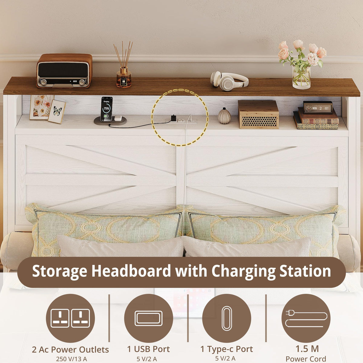 White Full Bed Frame with LED Lights & Charging Station T4823
