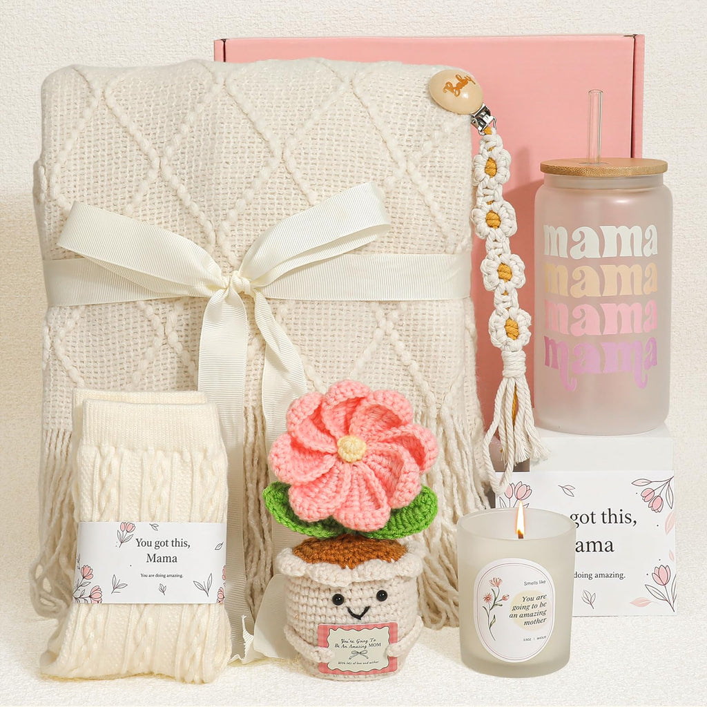Mom Gift Basket with Blanket, Glass Cup, Candle, Socks & Crochet Flower W856740