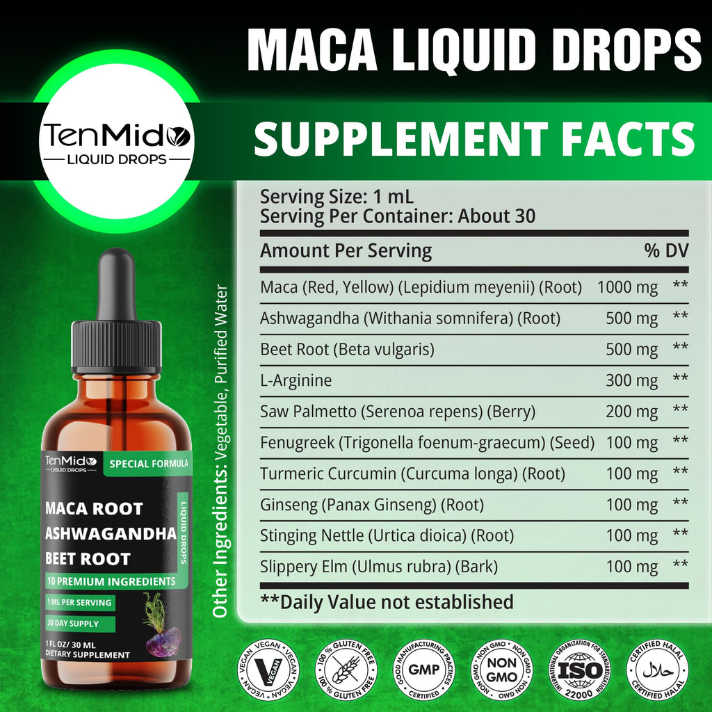 Maca Liquid Drops with Ashwagandha, Fenugreek, Beet Root, L-Arginine, Turmeric, Ginseng R167032