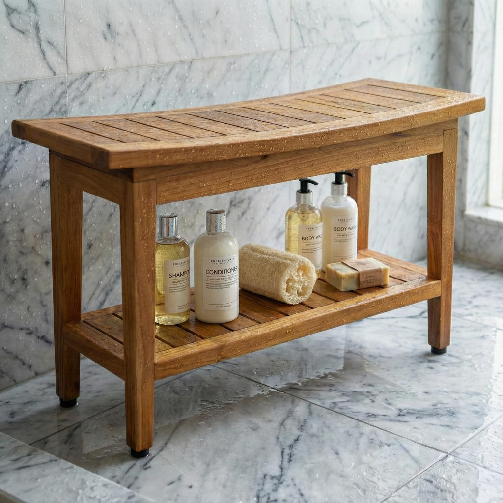 30" Teak Shower Bench with Shelf B69743