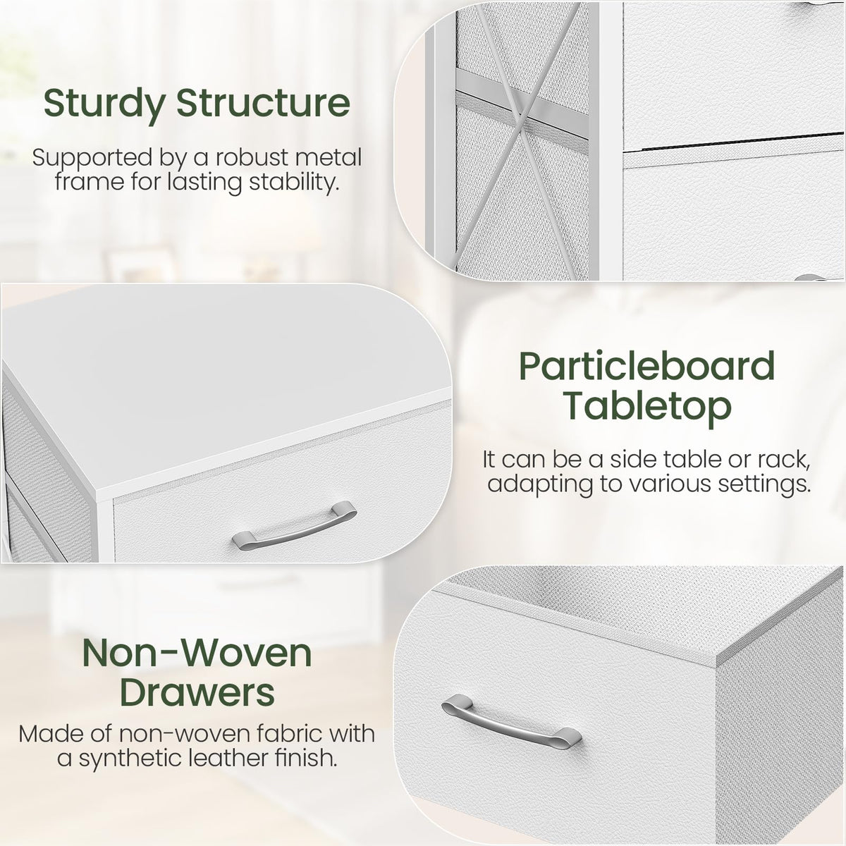 White 3 Drawer Fabric Storage Dresser with Wooden Top O21679