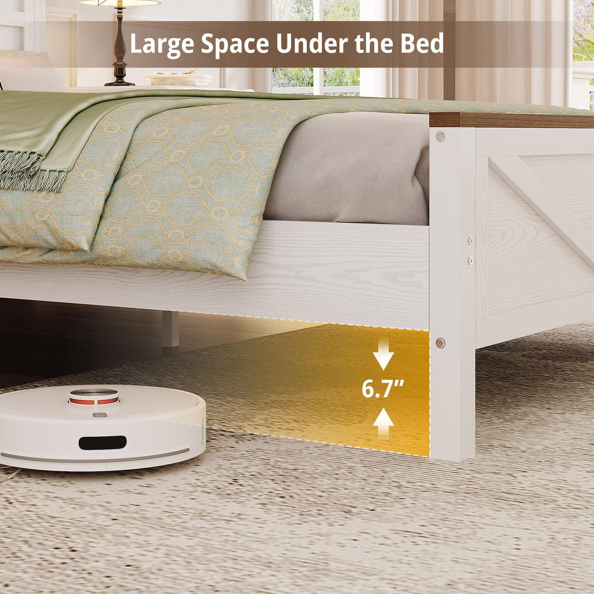 White Full Bed Frame with LED Lights & Charging Station T4823