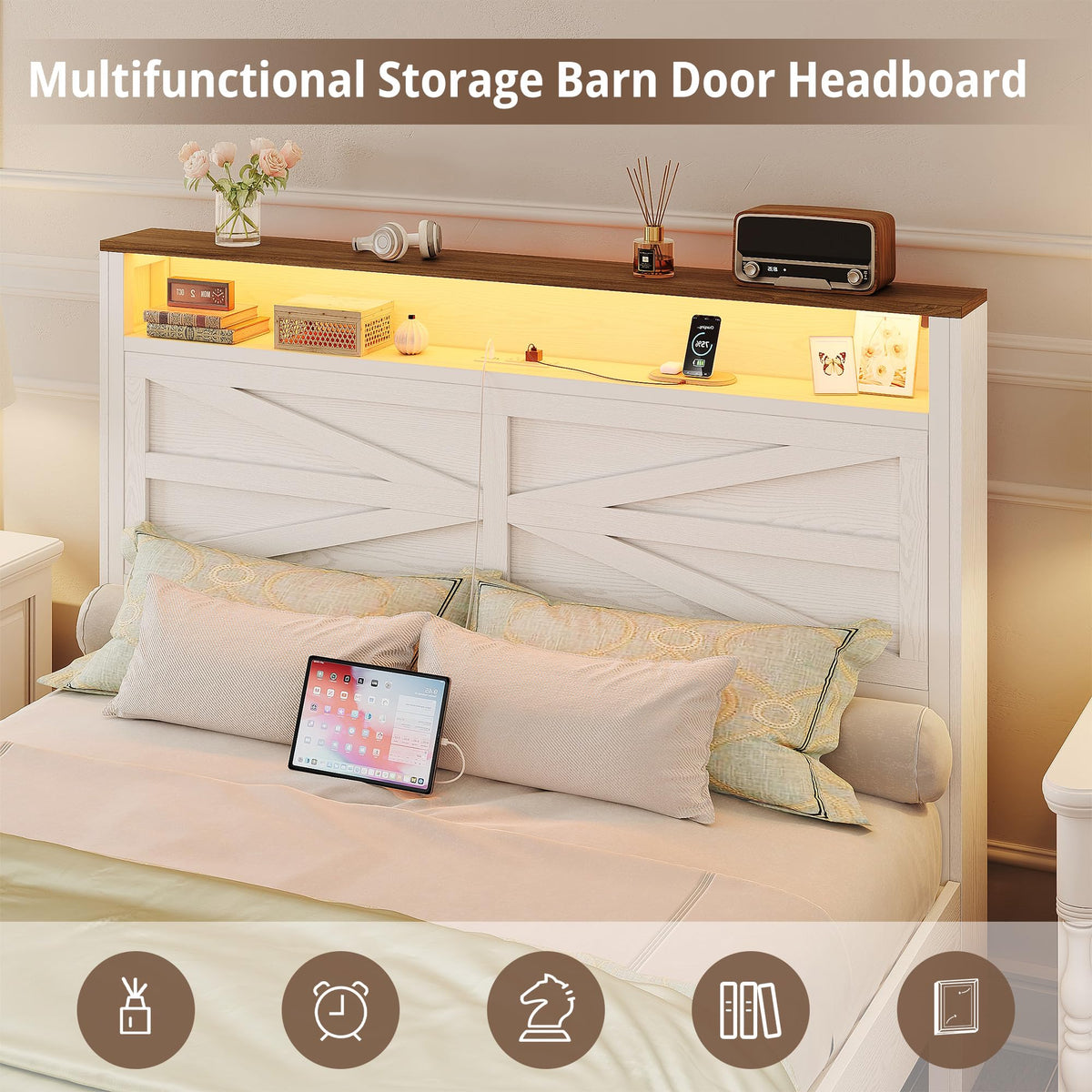 White Full Bed Frame with LED Lights & Charging Station T4823