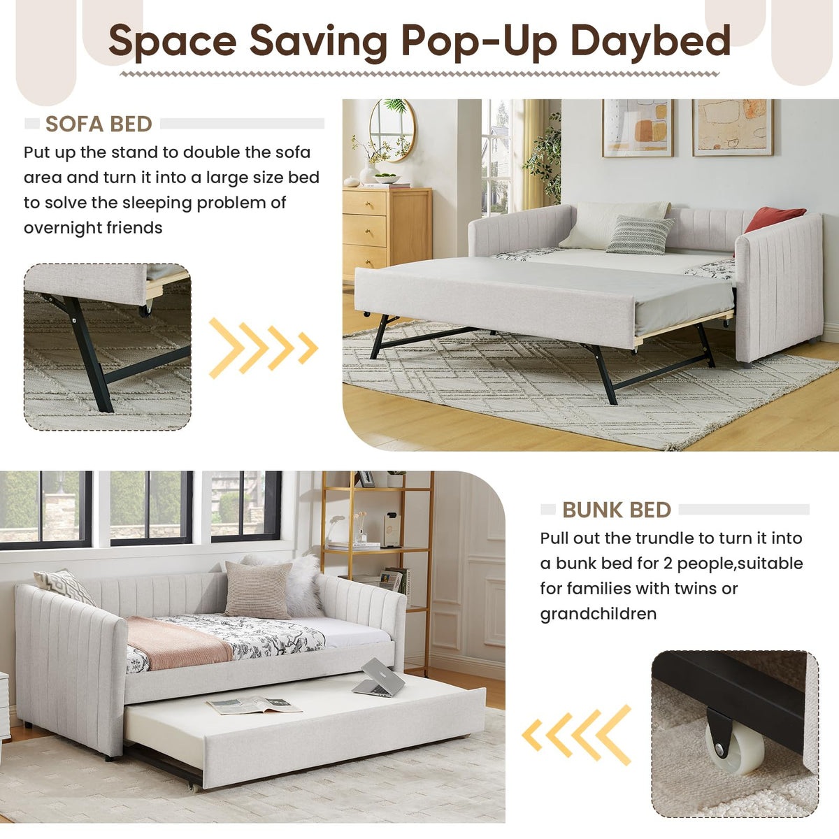 Beige Linen Twin Size Daybed with Pop Up Trundle N61638
