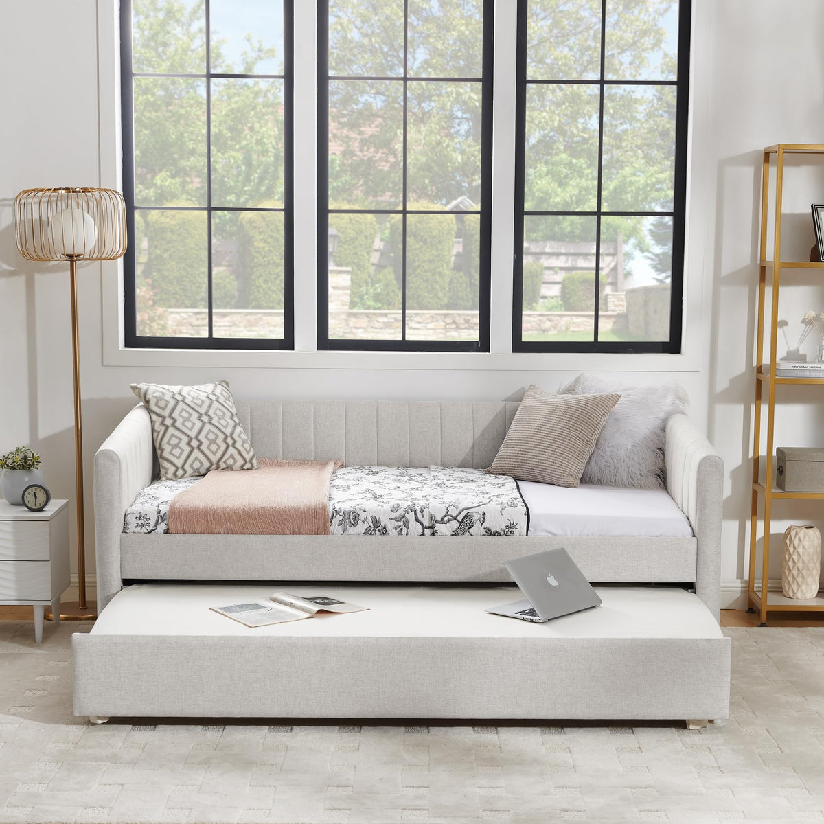 Beige Linen Twin Size Daybed with Pop Up Trundle N61638