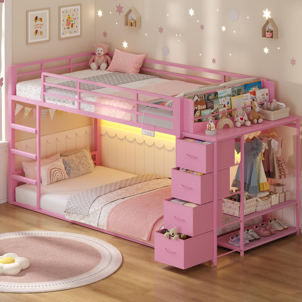 Pink Twin Over Twin Bunk Bed with Bookshelf & Storage Drawer R8645