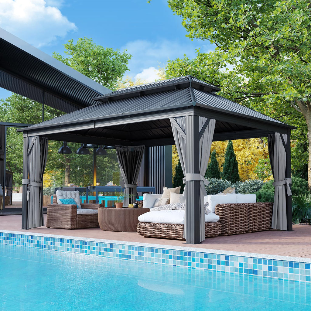 12FT X 16FT Hardtop Gazebo with Mosquito Netting and Curtains X131518