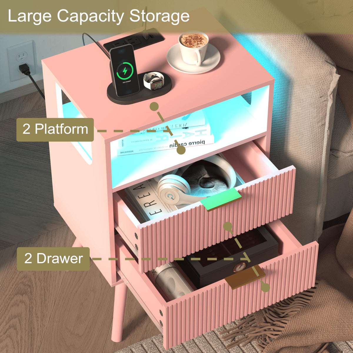 Pink Nightstand with Charging Station and LED Lights Y927