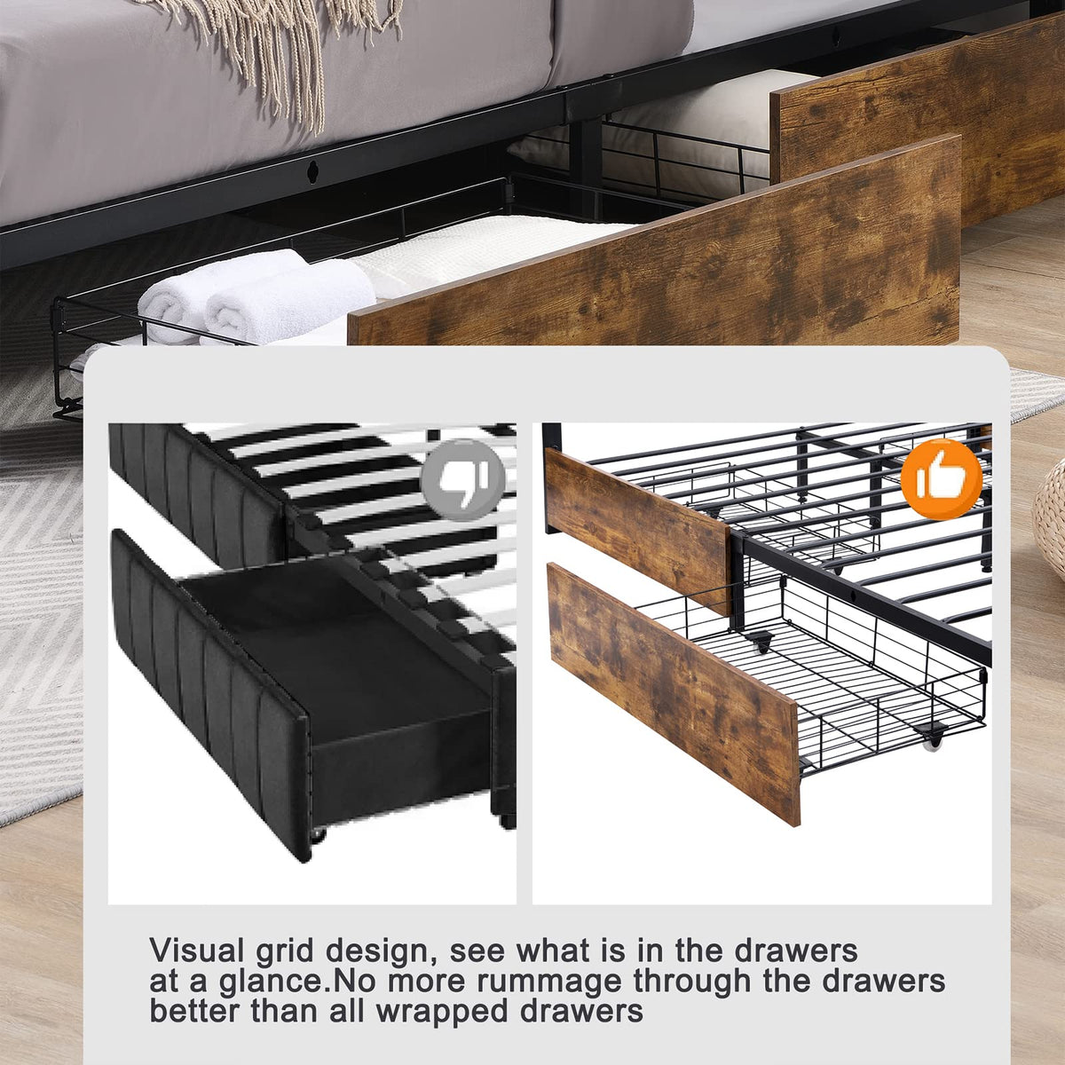 King Size Wood Bed Frame with 4 Storage Drawers A8580