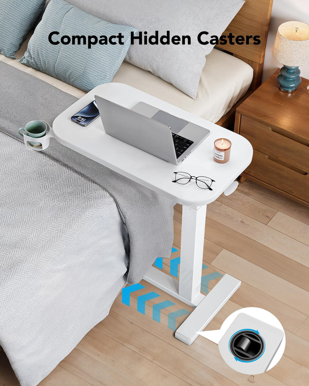 White Height-Adjustable Bedside Table with Wheels R21487